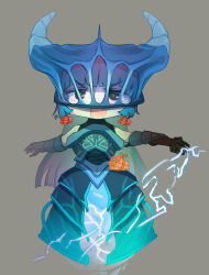 Rule 34 | 1girl, arm guards, black eyes, blue dress, blue eyes, blunt bangs, dota (series), dota 2, dress, earrings, edich, electricity, fang, full body, genderswap, genderswap (mtf), grey background, highres, hime cut, holding, holding whip, jewelry, long hair, looking at viewer, open mouth, razor (dota), simple background, solo, v-shaped eyebrows