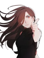 Rule 34 | 1girl, a3!, absurdres, black shirt, brown hair, commentary, english commentary, hair over one eye, highres, light smile, long hair, looking at viewer, oratoza, pointing, pointing at viewer, shirt, simple background, sleeveless, sleeveless shirt, solo, tachibana izumi (a3!), turtleneck, upper body, white background