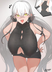 Rule 34 | bare shoulders, blush, boca, breasts, cameltoe, cleavage cutout, clothing cutout, collarbone, cosplay, covered erect nipples, destroyer (girls&#039; frontline), gaia (girls&#039; frontline), gaia (girls&#039; frontline) (cosplay), girls&#039; frontline, green eyes, grey hair, hands on own hips, highres, huge breasts, leaning forward, long hair, low twintails, open mouth, sangvis ferri, smile, twintails, very long hair