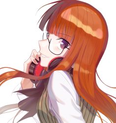 Rule 34 | 1girl, black bow, black eyes, bow, commentary, glasses, grin, headphones, large bow, lemonpear, long hair, looking at viewer, orange hair, persona, persona 5, sakura futaba, shirt, simple background, smile, solo, striped clothes, striped sweater, sweater, white background, white shirt