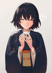 Rule 34 | 1girl, bad link, black hair, black kimono, chorefuji, closed eyes, closed mouth, commentary request, facing viewer, food, grey background, hands up, happy, heart, highres, holding, holding food, japanese clothes, kimono, long sleeves, medium hair, onigiri, original, sash, simple background, smile, solo, upper body, white background, wide sleeves, yellow sash