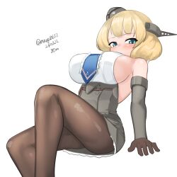 Rule 34 | 1girl, absurdres, bare shoulders, black gloves, black pantyhose, blonde hair, blush, breasts, colorado (kancolle), commentary request, dated, dress, elbow gloves, feet out of frame, gloves, grey hat, hat, headgear, highres, kantai collection, large breasts, looking at viewer, maru (marg0613), medium hair, one-hour drawing challenge, pantyhose, sideboob, simple background, sleeveless, sleeveless dress, solo, twitter username, white background