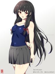 Rule 34 | 1girl, alternate breast size, arms behind back, black hair, blue one-piece swimsuit, breasts, commentary request, competition school swimsuit, cowboy shot, grey skirt, hair ribbon, highres, isokaze (kancolle), kantai collection, long hair, looking at viewer, one-piece swimsuit, pleated skirt, red eyes, ribbon, school swimsuit, sebunsu, skirt, small breasts, solo, standing, swimsuit, tress ribbon, twitter username