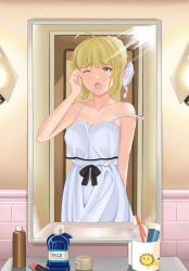 Rule 34 | absurdres, ahoge, alternate costume, artoria pendragon (all), artoria pendragon (fate), bathroom, blonde hair, breasts, crying, cup, dress, fate/grand order, fate/stay night, fate (series), green eyes, highres, indoors, looking at viewer, medium breasts, mirror, mug, pajamas, quatthro, reflection, saber (fate), shampoo bottle, sleepy, tile wall, tiles, toothbrush, upper body