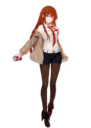 Rule 34 | 1girl, absurdres, belt, black footwear, black pantyhose, black shorts, brown hair, can, cellphone, closed mouth, collared shirt, dress shirt, full body, highres, holding, holding can, holding phone, pantyhose under shorts, long hair, long sleeves, lunaplum, makise kurisu, necktie, pantyhose, phone, purple eyes, red necktie, shiny clothes, shiny legwear, shirt, short shorts, shorts, simple background, smartphone, solo, standing, steins;gate, straight hair, very long hair, white background, white belt, white shirt, wing collar