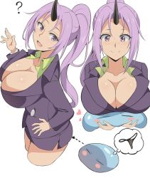 Rule 34 | 1girl, 1other, :d, ?, black horns, black horns, blush, bow, bow panties, breast rest, breasts, cleavage, cropped legs, closed eyes, half-closed eyes, happy, heart, highres, horn, horns, large breasts, long hair, long sleeves, office lady, oni, oni girl, oni horn, oni horns, open mouth, panties, pencil skirt, pink bow, ponytail, purple eyes, purple hair, rimuru tempest, shion (tensei shitara slime datta ken), single horn, size difference, skirt, slime (creature), smile, solo focus, tensei shitara slime datta ken, thong, thought bubble, underwear, verseir 001