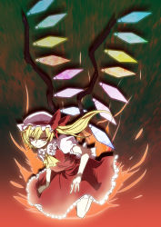 Rule 34 | 1girl, ascot, blonde hair, blouse, collared shirt, dress, embodiment of scarlet devil, female focus, flandre scarlet, hair between eyes, hat, magnetic, mob cap, red eyes, shirt, side ponytail, solo, touhou, white hat, white shirt, wings