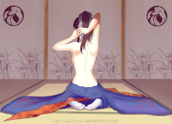 Rule 34 | 1girl, architecture, black hair, dressing, east asian architecture, from behind, full body, indoors, japanese clothes, kimono, lain-luscious, long hair, on floor, original, ponytail, seiza, sitting, socks, solo, tabi, topless, watermark, web address