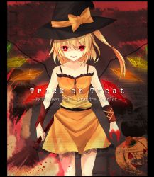 Rule 34 | 10s, 1girl, 2013, alternate costume, arm warmers, bare shoulders, blonde hair, blood, blood on hands, border, broom, character name, eisuto, flandre scarlet, halloween, halloween costume, hat, hat ribbon, jack-o&#039;-lantern, looking at viewer, multicolored background, parted lips, red eyes, ribbon, short hair, side ponytail, skirt, slit pupils, solo, tank top, touhou, trick or treat, wings, witch hat