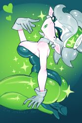 Rule 34 | 1girl, ass, bleedingpervert, breasts, cross-shaped pupils, detached collar, fang, from behind, gloves, green background, green eyes, head tilt, heart, high heels, highres, inkling player character, kneeling, large breasts, leotard, looking at viewer, looking back, marie (splatoon), mole, mole under eye, nintendo, open mouth, short hair, sitting, solo, sparkle, splatoon (series), splatoon 1, symbol-shaped pupils, tentacle hair, wariza, white hair