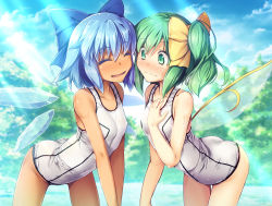 Rule 34 | 2girls, ^ ^, ass, bare arms, bare shoulders, blue bow, blue hair, blue sky, blush, bow, breasts, chima q, cirno, closed eyes, cloud, collarbone, commentary request, covered erect nipples, cowboy shot, daiyousei, day, facing another, fairy wings, green eyes, green hair, hair between eyes, hair bow, hand on own chest, highres, ice, ice wings, leaning forward, light rays, multiple girls, nose blush, one-piece swimsuit, open mouth, outdoors, school swimsuit, shiny clothes, short hair, side ponytail, skindentation, sky, small breasts, smile, standing, sweat, swimsuit, tan, tanned cirno, thighs, touhou, tree, v arms, white one-piece swimsuit, wings, yellow bow