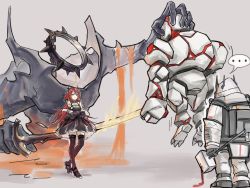 Rule 34 | ..., 2girls, absurdres, arknights, black dress, black footwear, black thighhighs, chinese commentary, commentary request, dress, grey background, hammer, high heels, highres, holding, holding hammer, holding weapon, horns, left-handed, long hair, mudrock (arknights), mudrock colossus (arknights), multiple girls, purple eyes, red hair, spoken ellipsis, standing, surtr (arknights), sword, thighhighs, very long hair, weapon, zettai ryouiki, zowli
