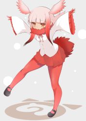 Rule 34 | 10s, 1girl, :o, arms up, bad id, bad pixiv id, blunt bangs, blush, breasts, buttons, frilled sleeves, frills, full body, grey background, half-closed eyes, head wings, highres, japanese crested ibis (kemono friends), japari symbol, jitome, jovejun, kemono friends, legs, long sleeves, mary janes, medium hair, multicolored hair, open mouth, outstretched arms, pantyhose, pleated skirt, red pantyhose, red skirt, shirt, shoes, simple background, skirt, small breasts, solo, spread arms, standing, tail, two-tone hair, white hair, white shirt, wide sleeves, wings, yellow eyes