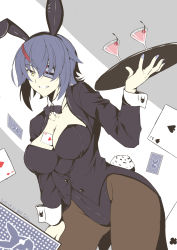 Rule 34 | 1girl, ace (playing card), ace of hearts, alternate costume, animal ears, between breasts, black bow, black bowtie, black leotard, black pantyhose, bow, bowtie, breasts, card, card between breasts, cleavage, commentary request, cowboy shot, detached collar, drink, eyepatch, grin, heart, highres, kantai collection, large breasts, leaning forward, leotard, looking at viewer, pantyhose, playboy bunny, playing card, purple hair, rabbit ears, rabbit tail, short hair, smile, solo, strapless, strapless leotard, tail, taira yuuki, tenryuu (kancolle), tray, wrist cuffs, yellow eyes
