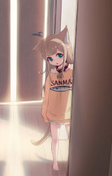 Rule 34 | 1girl, 40hara, animal collar, animal ear fluff, animal ears, aqua eyes, barefoot, blonde hair, cat ears, cat girl, cat tail, clothes writing, collar, commentary request, day, door, hallway, head tilt, highres, indoors, kinako (40hara), long hair, looking at viewer, open mouth, original, red collar, shirt, solo, t-shirt, tail, white shirt, wooden floor