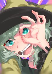 Rule 34 | 1girl, black hat, blurry, blush, bow, close-up, commentary request, depth of field, frilled sleeves, frills, green eyes, green hair, hand glasses, hat, hat bow, head tilt, highres, komeiji koishi, looking at viewer, open mouth, portrait, shirt, short hair, smile, sobayu to tenpura, solo, sparkling eyes, touhou, yellow bow, yellow shirt