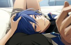 Rule 34 | 1boy, 1girl, bed, black shirt, blue eyes, blue hair, blush, breasts, commentary, female pov, hair between eyes, hand on another&#039;s head, kaito (vocaloid), kaito (vocaloid3), looking at another, looking at viewer, lying on lap, male focus, master (vocaloid), medium breasts, nokuhashi, pov, reaching, reaching towards viewer, shirt, short hair, shorts, sitting, smile, vocaloid