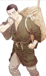Rule 34 | 1boy, basket, brown hair, brown pants, chengongzi123, closed mouth, dirty, dirty clothes, golden kamuy, green eyes, green kimono, hand up, highres, japanese clothes, kimono, long sleeves, looking at viewer, male focus, pants, short hair, simple background, smile, tsukishima hajime, very short hair, walking, white background, wide sleeves, wiping face