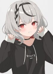 Rule 34 | 1girl, :d, absurdres, bad id, bad pixiv id, black choker, black hoodie, bob cut, braid, choker, collarbone, commentary, grey background, grey hair, grin, hands up, highres, hololive, hood, hoodie, light blush, looking at viewer, multicolored hair, norio (noriosub), open mouth, sakamata chloe, short hair, simple background, smile, solo, streaked hair, teeth, upper body, virtual youtuber