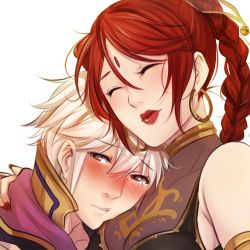 Rule 34 | 1boy, 1girl, :t, armlet, bare shoulders, bindi, blush, braid, breast pillow, breast smother, breasts, brown eyes, earrings, face to breasts, facial mark, fire emblem, fire emblem: the sacred stones, fire emblem awakening, forehead mark, full-face blush, hetero, hoop earrings, hug, jewelry, lips, lipstick, long hair, lowres, makeup, nail polish, nintendo, red hair, robin (fire emblem), robin (male) (fire emblem), short hair, silver hair, single braid, tethys (fire emblem), tusia
