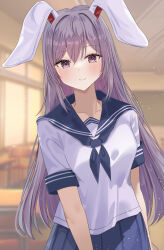 Rule 34 | 1girl, absurdres, animal ears, aohane, blue skirt, blurry, classroom, contemporary, depth of field, highres, long hair, looking at viewer, purple eyes, purple hair, rabbit ears, rabbit girl, reisen udongein inaba, school uniform, shirt, short sleeves, skirt, smile, solo, touhou, very long hair, white shirt