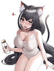 Rule 34 | 1girl, aged up, alternate breast size, animal ear fluff, animal ears, black hair, blush, bottle, breasts, camisole, cat ears, cat girl, cat tail, cleavage, collarbone, commentary request, covered erect nipples, cowboy shot, fang, green eyes, hair between eyes, heart, heart-shaped pupils, holding, holding bottle, karyl (princess connect!), large breasts, long hair, looking at viewer, low twintails, milk bottle, multicolored hair, nail polish, nose blush, open mouth, orange nails, princess connect!, see-through, simple background, sitting, smile, solo, streaked hair, suou-sensei, symbol-shaped pupils, tail, tail raised, thighs, twintails, underwear, underwear only, very long hair, white background, white camisole