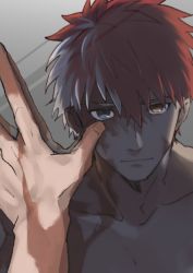 Rule 34 | 1boy, against mirror, archer (fate), emiya shirou, fate/stay night, fate (series), grey eyes, hand on mirror, heterochromia, highres, looking at mirror, male focus, matsuya (pile), mirror, multicolored hair, orange hair, pov, reflection, serious, solo, spoilers, two-tone hair, yellow eyes