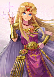 Rule 34 | 1girl, absurdres, armband, bead necklace, beads, blonde hair, blue eyes, blush, breasts, closed mouth, collarbone, commentary request, earrings, fantasy, forehead, gold earrings, gold trim, hand on own hip, highres, index finger raised, jewelry, kuroi susumu, light smile, long hair, looking at viewer, magic, necklace, nintendo, pointy ears, princess zelda, short sleeves, sidelocks, small breasts, solo, standing, super smash bros., the legend of zelda, the legend of zelda: a link between worlds
