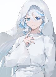 Rule 34 | 1girl, alternate costume, blue eyes, blue hair, commentary, dot nose, furina (genshin impact), genshin impact, hand up, heterochromia, highres, long fingers, long hair, looking at viewer, multicolored hair, robe, simple background, smile, solo, streaked hair, upper body, veil, very long hair, wavy hair, white background, white hair, white robe, younomiti