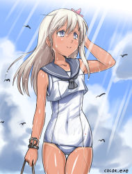 Rule 34 | 1girl, blonde hair, blue sky, cloud, cocoa (cocoa0191), covered navel, cowboy shot, crop top, day, flower, grey eyes, hair flower, hair ornament, kantai collection, light rays, long hair, looking up, one-piece swimsuit, one-piece tan, outdoors, ro-500 (kancolle), school swimsuit, school uniform, serafuku, sky, smile, solo, sunbeam, sunlight, swimsuit, swimsuit under clothes, tan, tanline, thighhighs, twitter username, wet, wet clothes, wet swimsuit, white school swimsuit, white one-piece swimsuit