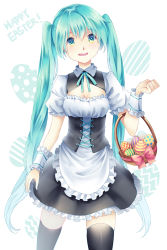 Rule 34 | 1girl, aqua eyes, aqua hair, basket, black thighhighs, blush, breasts, center opening, cleavage, corset, easter, easter egg, egg, hatsune miku, ling (vivianling), long hair, open mouth, skirt, solo, thighhighs, twintails, very long hair, vocaloid, white background