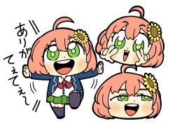 Rule 34 | 1girl, :d, ahoge, animal ear legwear, bkub, black footwear, blazer, blue jacket, blue thighhighs, blush, blush stickers, bow, bowtie, buttons, cat ear legwear, chibi, collared shirt, commentary, dot nose, double v, flower, full body, green eyes, green skirt, hair between eyes, hair flower, hair ornament, half-closed eyes, honma himawari, jacket, medium hair, motion lines, multiple views, nijisanji, open mouth, orange hair, outstretched arms, pleated skirt, red bow, red neckwear, school uniform, shirt, shoes, simple background, skirt, smile, standing, standing on one leg, sunflower, sunflower hair ornament, teeth, thighhighs, translation request, triangle mouth, upper teeth only, v, virtual youtuber, white background, wing collar