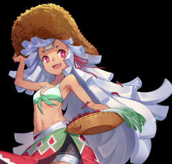 Rule 34 | 1girl, absurdly long hair, basket, black background, blush, cowboy shot, eyebrows, hat, holding, holding basket, kexue, long hair, looking at viewer, navel, open mouth, original, red eyes, silver hair, simple background, smile, solo, very long hair