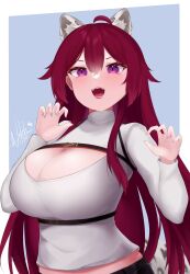 Rule 34 | 1girl, absurdres, ahoge, animal ears, breasts, cleavage, cleavage cutout, clothing cutout, commentary, dated, elorapard (virtual youtuber), english commentary, fangs, grey background, highres, indie virtual youtuber, large breasts, long hair, long sleeves, looking at viewer, natch imaycz, open mouth, purple eyes, red hair, shirt, signature, slit pupils, solo, upper body, virtual youtuber, white shirt