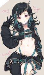 Rule 34 | 1girl, nanashi inc., belt, belt bra, black gloves, black hair, black jacket, black skirt, black thighhighs, blue belt, blue hair, blush, brown background, chest belt, closed mouth, clothing cutout, commentary request, cropped jacket, cross-laced clothes, cross-laced sleeves, demon girl, demon horns, flat chest, full body, garter straps, gloves, grey skirt, horns, jacket, kawaii rowa, layered skirt, long hair, long sleeves, looking at viewer, midriff, multicolored hair, navel, open clothes, open jacket, pointy ears, red eyes, seiza, shishio chris, shoulder cutout, simple background, single thighhigh, sitting, skirt, smile, solo, sugar lyric, thighhighs, translation request, two-tone hair, virtual youtuber, waving, zipper skirt
