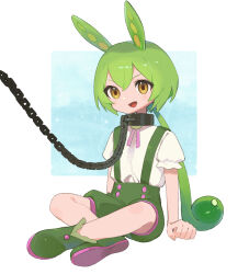Rule 34 | 1girl, boots, caret0606, chain, clenched hand, collar, green footwear, green hair, green shorts, green suspenders, highres, indian style, open mouth, puffy short sleeves, puffy shorts, puffy sleeves, shirt, short sleeves, shorts, sitting, solo, spread legs, voicevox, white shirt, yellow eyes, zundamon