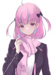 Rule 34 | 1girl, absurdres, ahoge, anchor symbol, black bow, black jacket, blazer, blue hair, blue nails, blunt bangs, bow, braid, cat hair ornament, colored inner hair, enpera, hair bow, hair ornament, hairclip, hand up, highres, hololive, jacket, long hair, long sleeves, looking at viewer, minato aqua, minato aqua (school uniform), multicolored hair, parted lips, pink scarf, purple eyes, purple hair, scarf, school uniform, shirt, simple background, smile, solo, streaked hair, toyoshi, two side up, upper body, virtual youtuber, white background, white shirt, x hair ornament