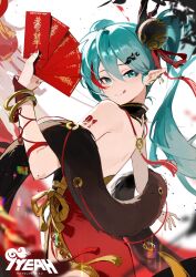 Rule 34 | 1girl, blue eyes, blue hair, chinese new year, closed mouth, dress, hair between eyes, hatsune miku, highres, hongbao, jiu ye sang, lantern, long hair, looking at viewer, paper lantern, pointy ears, red dress, red nails, solo, standing, tongue, tongue out, twintails, vocaloid