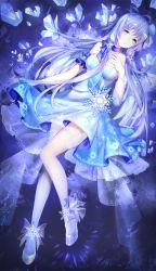 Rule 34 | 1girl, ankle bow, ankle ribbon, blue dress, blue hair, blue ribbon, bow, breasts, choker, dress, from above, full body, green eyes, highres, leg ribbon, long hair, looking at viewer, luo tianyi, lying, medium breasts, on back, open mouth, print dress, ribbon, ribbon choker, short dress, skirt hold, sleeveless, sleeveless dress, snowflakes, solo, striped clothes, striped dress, very long hair, vocaloid, yu jiu