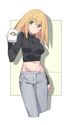 Rule 34 | 1girl, absurdres, alternate costume, black sweater, blonde hair, blush, breasts, cowboy shot, cropped sweater, cup, data (mega man), denim, grey pants, highres, holding, holding cup, huanxiang huifeng, large breasts, medium hair, mega man (series), mega man legends (series), midriff, navel, pants, roll caskett (mega man), solo, sweater, twitter username