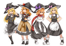Rule 34 | 4girls, apron, arms under breasts, azusa (cookie), black capelet, black coat, black footwear, black headwear, black skirt, black vest, blush, bow, bowtie, braid, breasts, brown eyes, buttons, capelet, cleavage, closed mouth, coat, commentary request, cookie (touhou), eating, expressionless, fang, food, frilled apron, frills, frown, fruit, full body, glasses, green eyes, hair bow, hat, hat ornament, highres, holding, holding food, holding fruit, holding microphone, kirisame marisa, light brown hair, long hair, long sleeves, looking at viewer, m/, mars (cookie), medium breasts, microphone, multiple girls, one eye closed, open mouth, orange (fruit), orange hair, pink bow, puffy short sleeves, puffy sleeves, purple bow, red-framed eyewear, red bow, red bowtie, red scarf, red star, rei (cookie), scarf, shoes, short sleeves, side braid, simple background, single braid, skirt, small breasts, smile, socks, split mouth, standing, standing on one leg, star (symbol), star hat ornament, touhou, turtleneck, uzuki (cookie), vest, waist apron, white apron, white background, white legwear, white skirt, witch hat, yellow eyes, yumekamaborosh