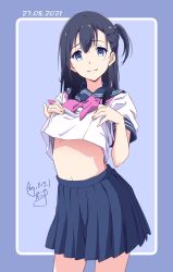 Rule 34 | 1girl, blue eyes, blue hair, blue sailor collar, blue skirt, closed mouth, clothes lift, dated, hands up, highres, long hair, looking at viewer, midriff, navel, neckerchief, nii manabu, original, pink neckerchief, pleated skirt, purple background, sailor collar, school uniform, serafuku, shirt lift, side ponytail, signature, simple background, skirt, smile, solo, standing