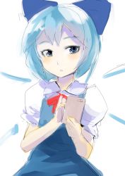 Rule 34 | 1girl, blue dress, blue eyes, blue hair, blush, bow, cellphone, cirno, dress, hair bow, ice, ice wings, matching hair/eyes, phone, puffy short sleeves, puffy sleeves, selfie, shirt, short sleeves, sinzan, sketch, solo, touhou, wings
