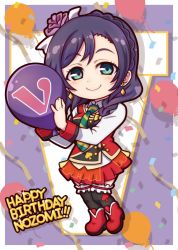 Rule 34 | 1girl, balloon, birthday, black thighhighs, boots, braid, braided ponytail, character name, chibi, commentary request, confetti, crown braid, earrings, english text, flower, green eyes, hair flower, hair ornament, happy birthday, jewelry, long hair, long sleeves, love live!, love live! school idol project, love live! the school idol movie, miloku, necktie, purple hair, single braid, solo, standing, sunny day song, thighhighs, tojo nozomi, vest