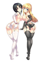 Rule 34 | 10s, 2girls, ass, ass cutout, atago (kancolle), back-seamed legwear, bad id, bad pixiv id, black gloves, black hair, black legwear, black panties, blonde hair, blue eyes, breast press, breasts, butt crack, clothing cutout, contrast, crossed legs, elbow gloves, garter belt, garter straps, gloves, hair intakes, hand on own ass, heart lock (kantai collection), highres, kantai collection, keyhole panties, large breasts, lingerie, long hair, looking at viewer, looking back, multiple girls, panties, red eyes, seamed legwear, shirokuma a, short hair, simple background, smile, standing, symmetrical docking, takao (kancolle), thigh gap, thighhighs, underwear, watson cross, white background, white gloves, white legwear, white panties