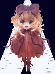 Rule 34 | 1girl, :d, black footwear, blonde hair, bow, coat, commentary request, dress, drill hair, flat chest, frilled bow, frilled dress, frills, full body, green eyes, hair bow, highres, hinaichigo, horror (theme), kiru (m putorius), lolita fashion, long sleeves, looking at viewer, medium bangs, neck ribbon, open mouth, pink bow, pink coat, pink dress, quad drills, reaching, reaching towards viewer, red ribbon, ribbon, rozen maiden, shoes, short hair, smile, solo