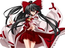 Rule 34 | 1girl, armband, ascot, bad id, bad pixiv id, between fingers, black hair, bow, breasts, hair bow, hair tubes, hakurei reimu, holding, kamo (yokaze), long hair, looking at viewer, ofuda, parted lips, ponytail, red eyes, shadow, sidelocks, simple background, skirt, skirt set, solo, touhou, tsurime, white background