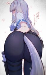 Rule 34 | 1girl, ass, ass focus, black pants, blush, breasts, closed mouth, clothing cutout, commentary, from behind, green eyes, grey hair, highres, hitanu, long hair, looking back, nijisanji, pants, shioriha ruri, shirt, short sleeves, solo, squiggle, tail, tail through clothes, translated, virtual youtuber, white shirt