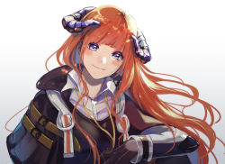 Rule 34 | 1girl, 21stcentury, arknights, bagpipe (arknights), black gloves, blue eyes, blush, commentary request, gloves, gradient background, grey background, head tilt, horns, jacket, long hair, long sleeves, looking at viewer, orange hair, smile, solo, upper body, white background