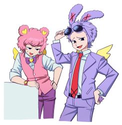 Rule 34 | 2boys, animal ears, bear ears, black eyes, collared shirt, cropped legs, eyewear on head, formal, hand on own hip, hand up, highres, holding, holding removed eyewear, jacket, kuma (pripara), lau (laustar30), long sleeves, looking at viewer, male focus, multiple boys, necktie, open mouth, pants, personification, pink hair, pink vest, pretty series, pripara, purple hair, purple jacket, purple pants, purple suit, rabbit ears, red necktie, shirt, short hair, simple background, smile, standing, suit, sunglasses, unworn eyewear, usagi (pripara), vest, watch, white background, white shirt, wristwatch, yellow wings